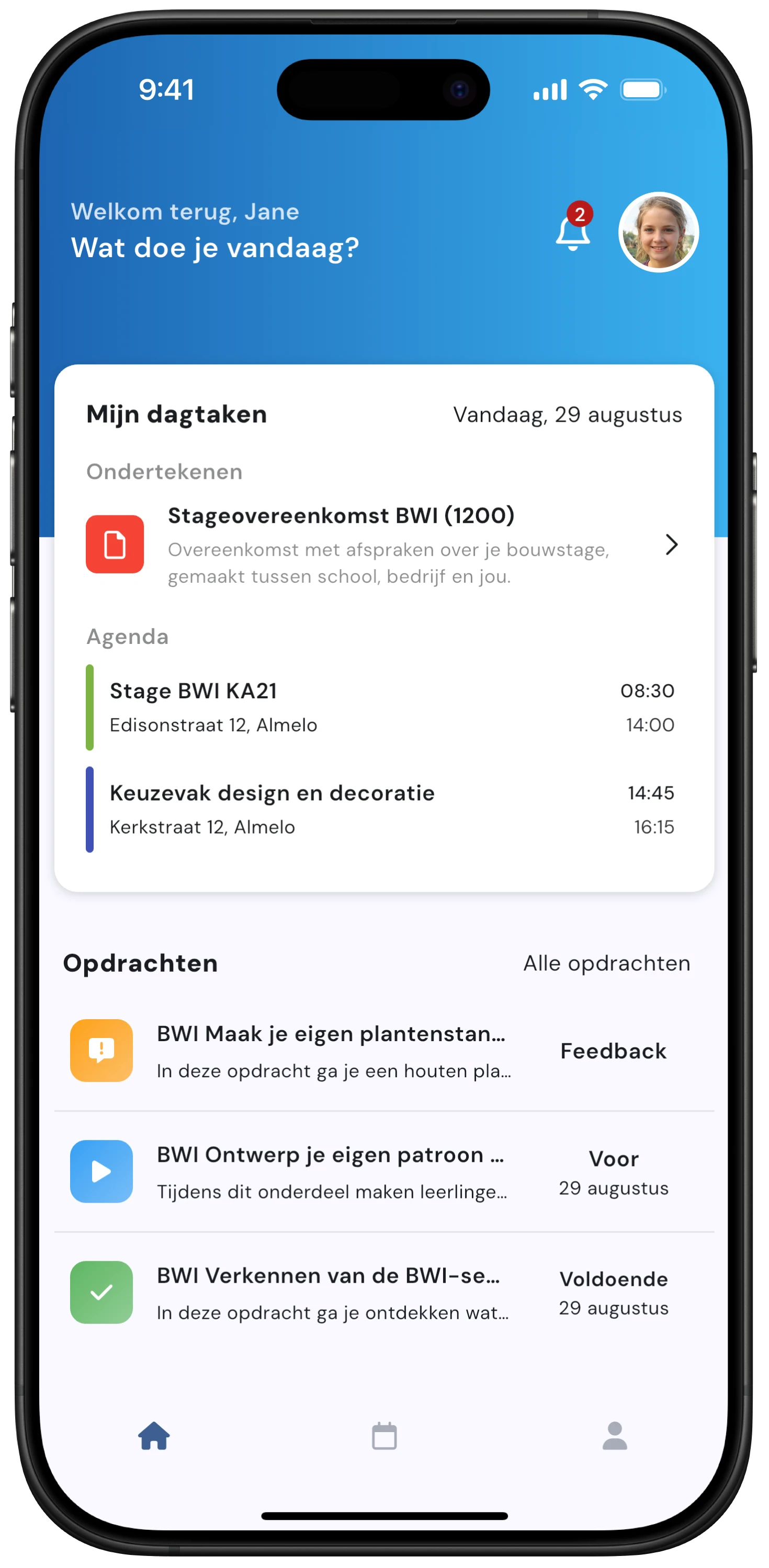Dashboard van de sam/sam student app - overzicht hybride educatie, buitenschoolse activiteiten, stages en planning